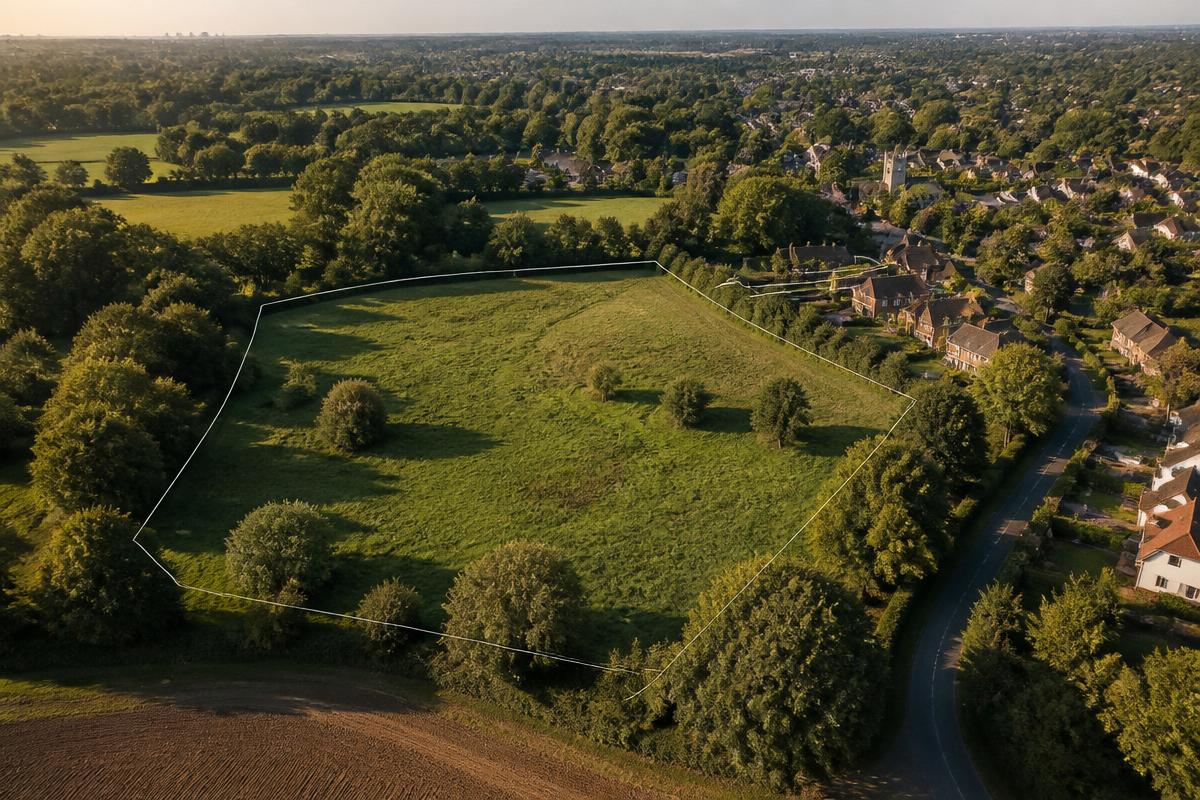 Aerial view of a development plot surrounded by mature trees and neighbouring homes